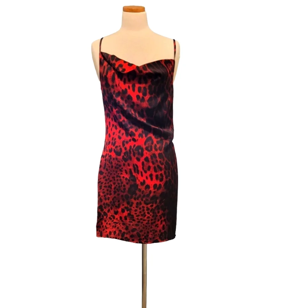 Boo Hoo Leopard Cowl Neck Spaghetti Strap Zip Mini Dress